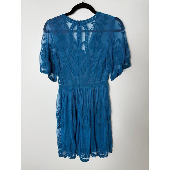 Altar'd State Dark Teal Blue Boho Lace Flutter Sleeve Short Mini Dress Small - Picture 2 of 9
